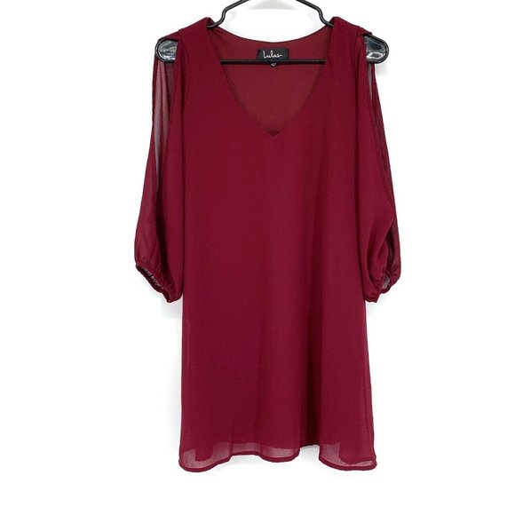 Lulus Dress Burgundy Red Mini V Neck Slit Sleeve Shifting Dears - Picture 3 of 11